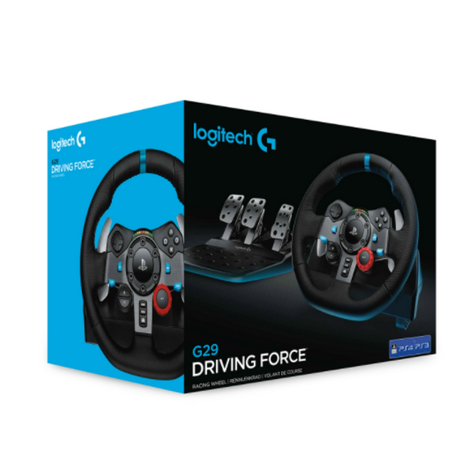 Volante de carreras Logitech G29 Driving Force en caja, con pedales. La caja tiene colores azul y negro.