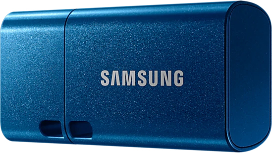 Clé USB bleue avec logo Samsung, sur fond blanc.