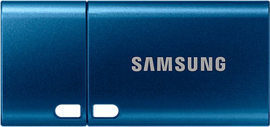 Une clé USB Samsung bleue avec le nom de la marque en lettres blanches.
