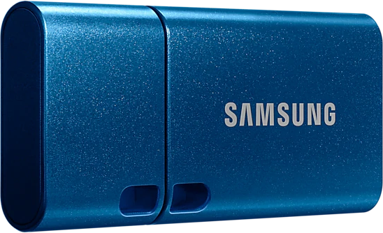 Une clé USB Samsung bleue. Le logo Samsung est visible sur le côté.