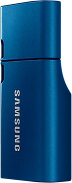 Une clé USB Samsung bleue, avec le logo Samsung visible sur le côté.