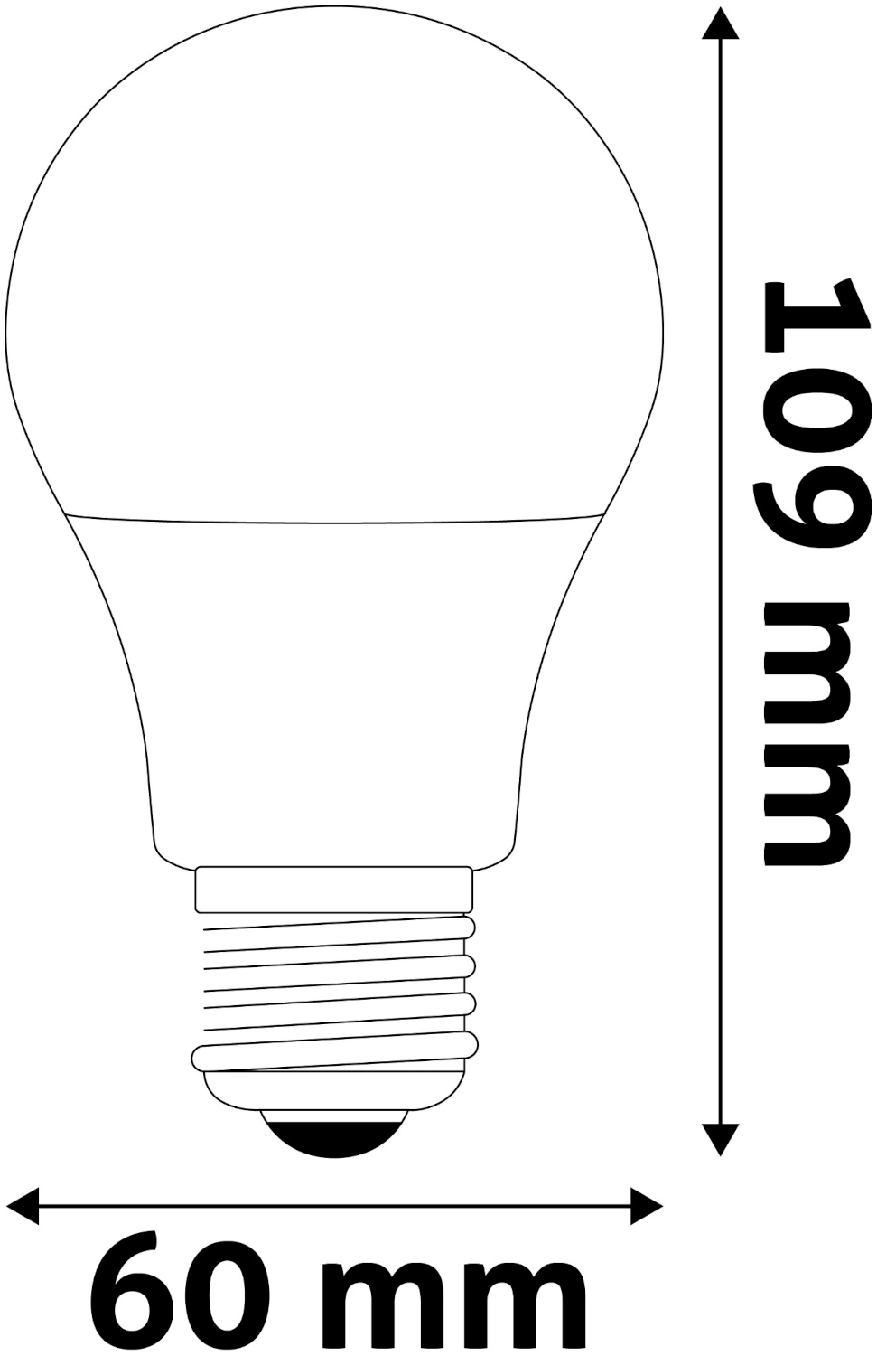 Egy villanykörte vonalrajza 60 mm x 109 mm-es méretekkel, fekete vonalak és szöveg.