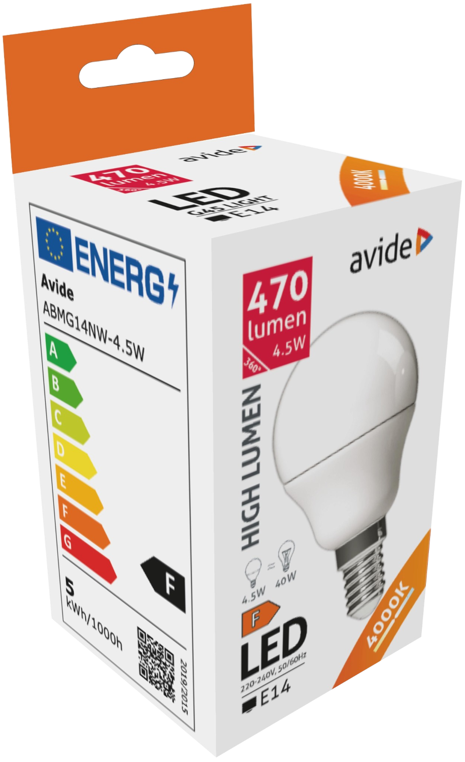 Izzó doboza, előtte az izzó, fehér és narancssárga. Szöveg a dobozon. 470 lumen, LED, 4000K.