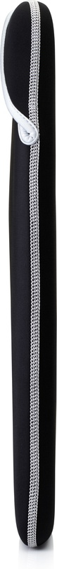 Black, sleeve-like laptop case with a white zipper and handle.