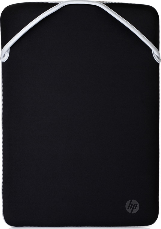 Black laptop sleeve with white trim and HP logo.