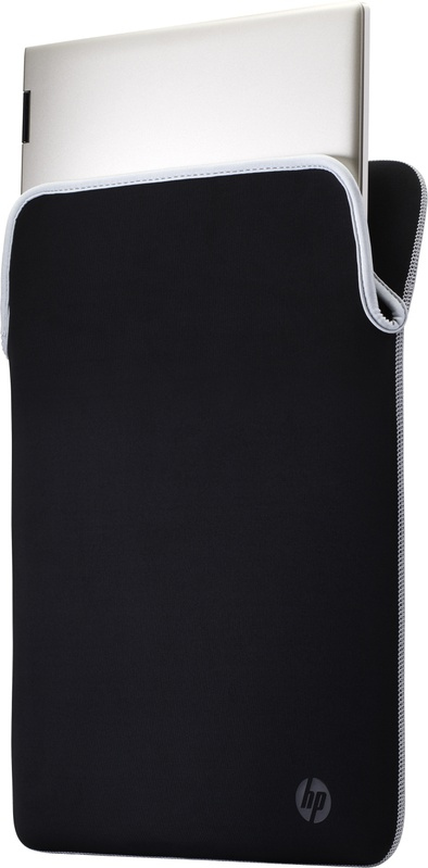 Black laptop sleeve with a laptop inside. White trim, HP logo.