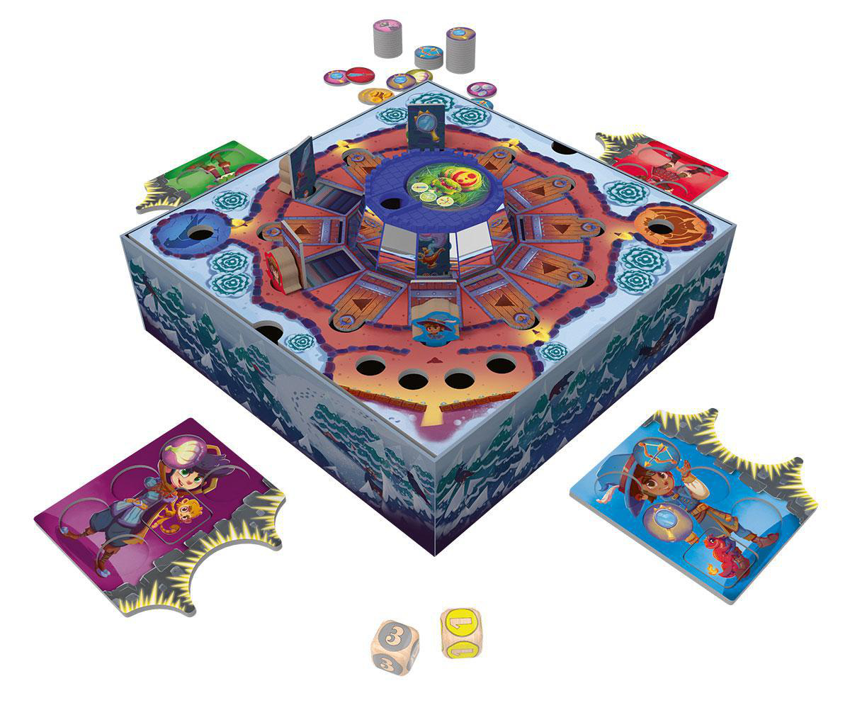 Brettspiel mit bunten Charakteren und einem Spielbrett mit Fantasy-Setting.
