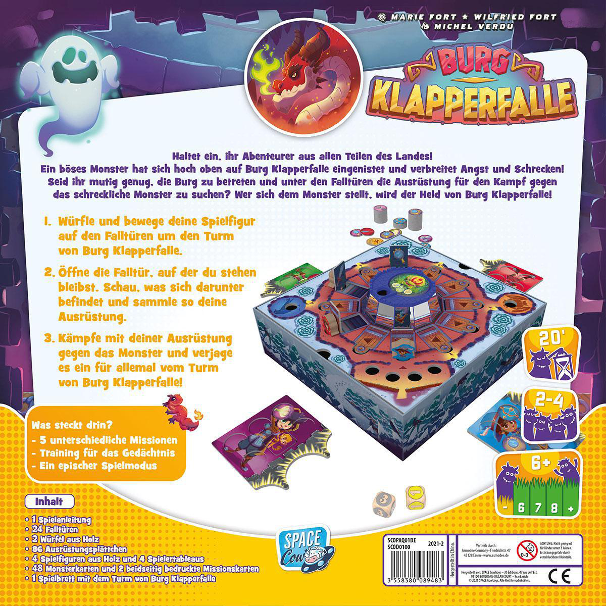 Brettspielschachtel mit Illustrationen von Charakteren und Spielelementen, weißer Hintergrund.
