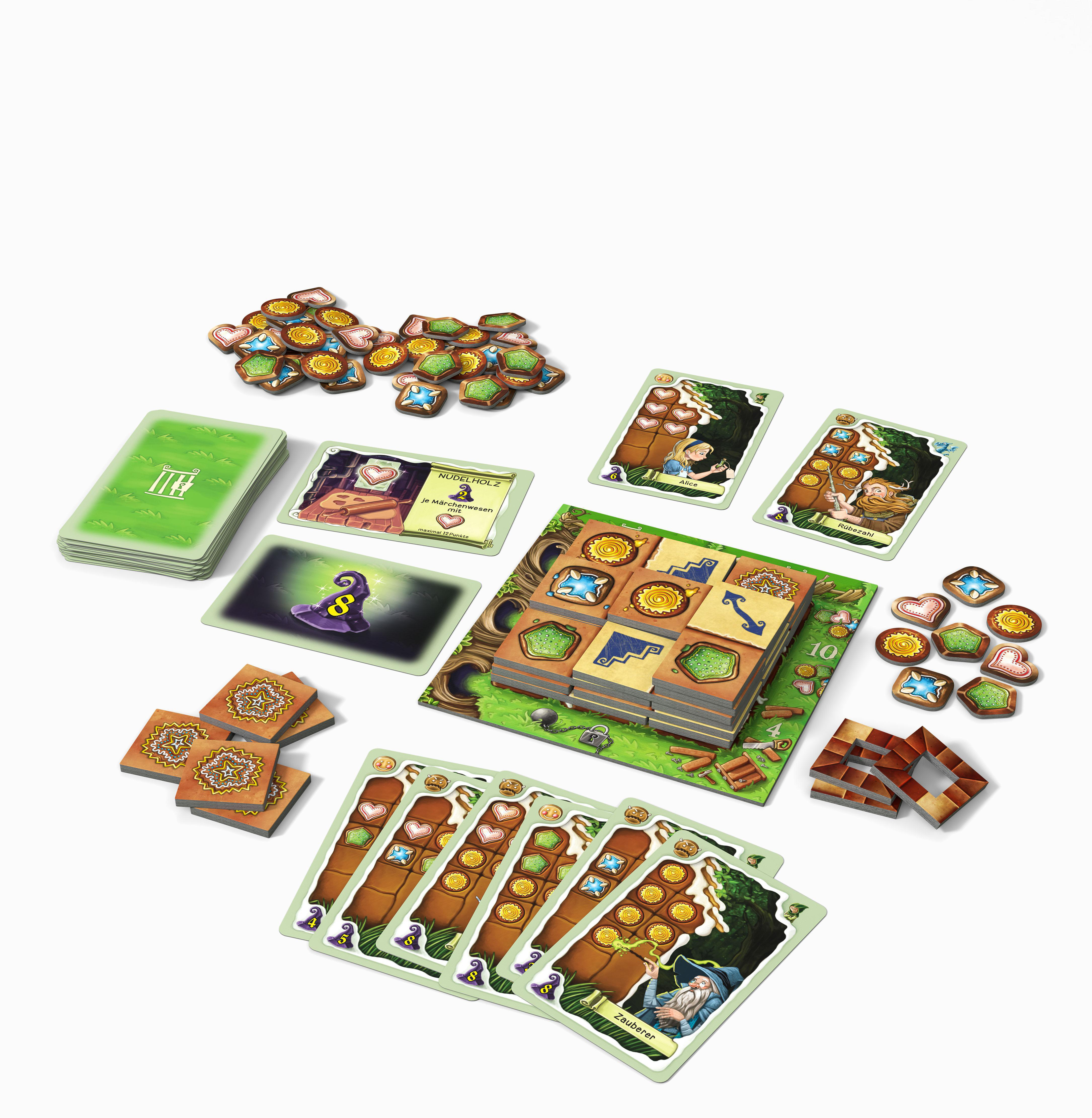 Brettspiel mit Karten, Spielsteinen und Kacheln auf weißem Untergrund. Verschiedene Farben und Designs sind sichtbar.