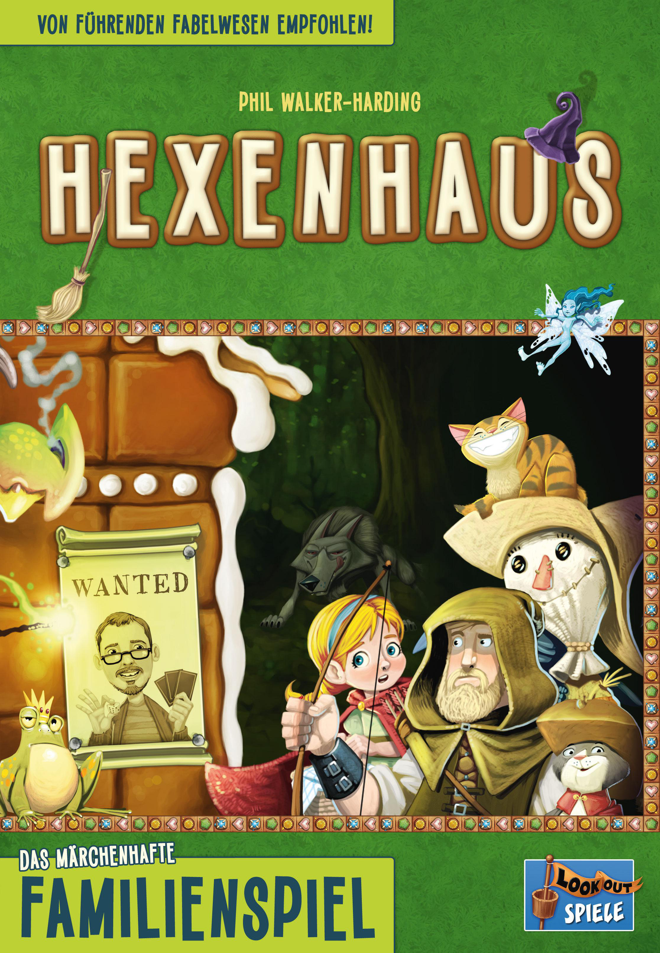 Hexenhaus-Spielbox: Hexe, Fee, verschiedene Charaktere und eine Lebkuchenhaus-Illustration.