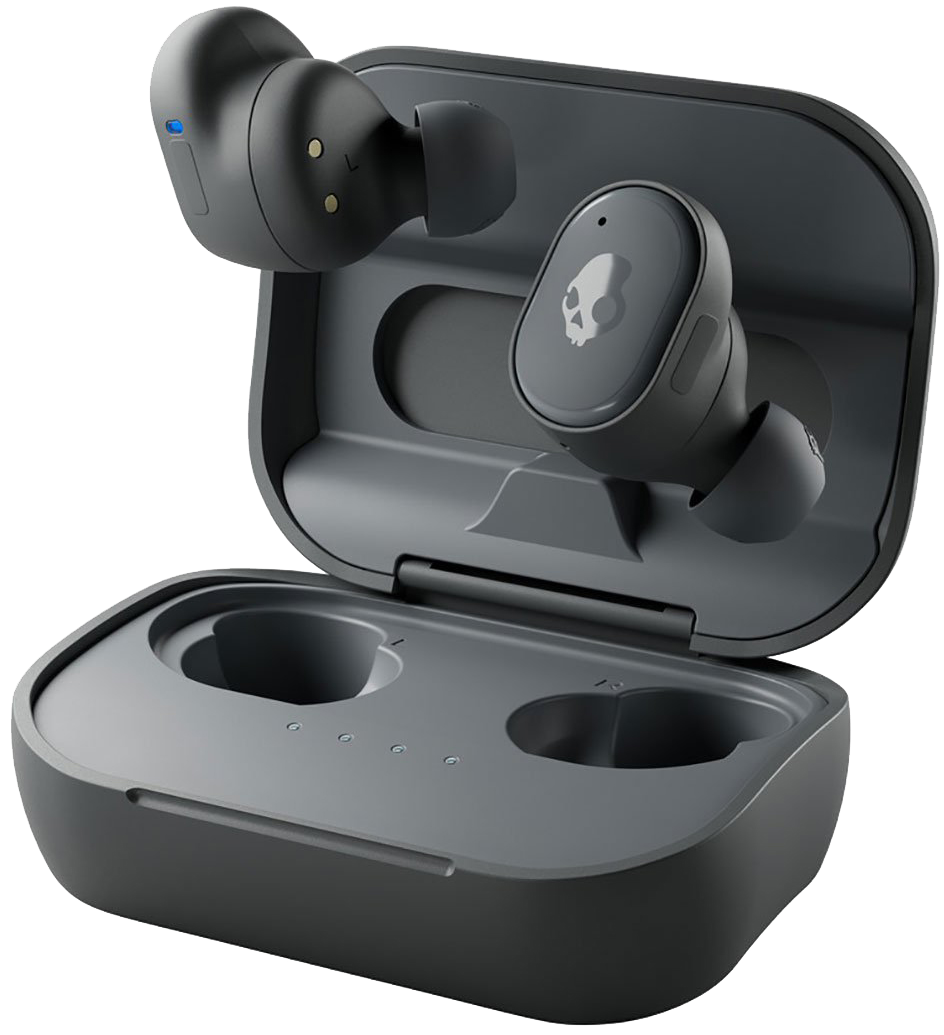 Nyitott szürke Skullcandy fülhallgatók egy töltőtokban. A tok nyitva van, a fülhallgatók láthatók benne.