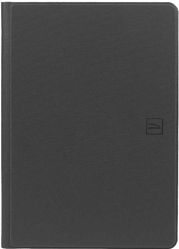 Egy zárt, sötétszürke tablet tok, egy kis logóval a jobb alsó sarokban.