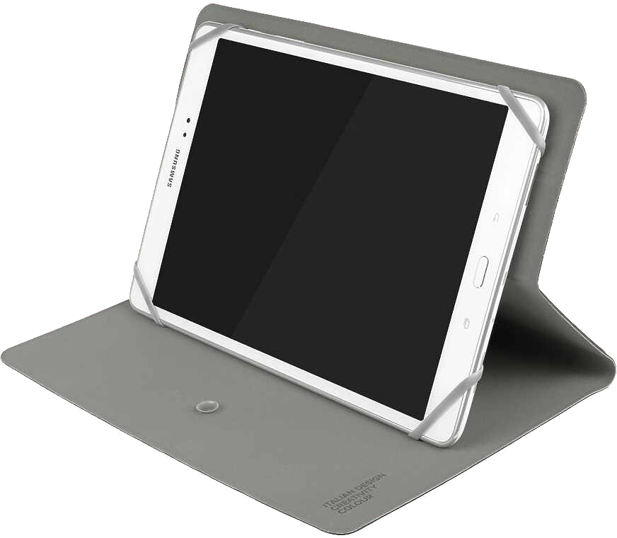 Egy fehér tablet egy szürke tokban, fekete képernyővel.