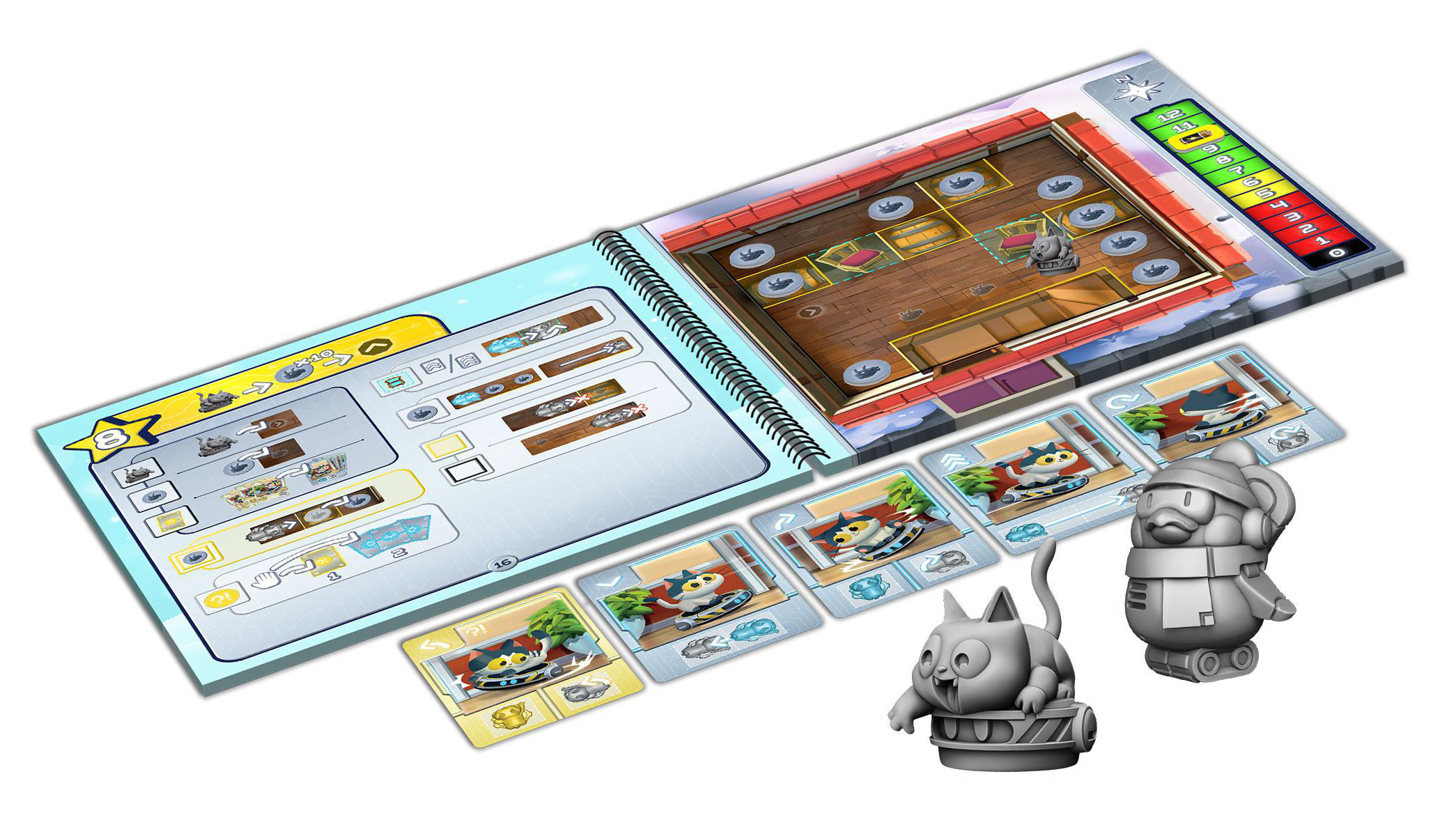 Ein Brettspiel mit Karten, einem Spielbrett und Figuren. Die Szene ist aus der Vogelperspektive.