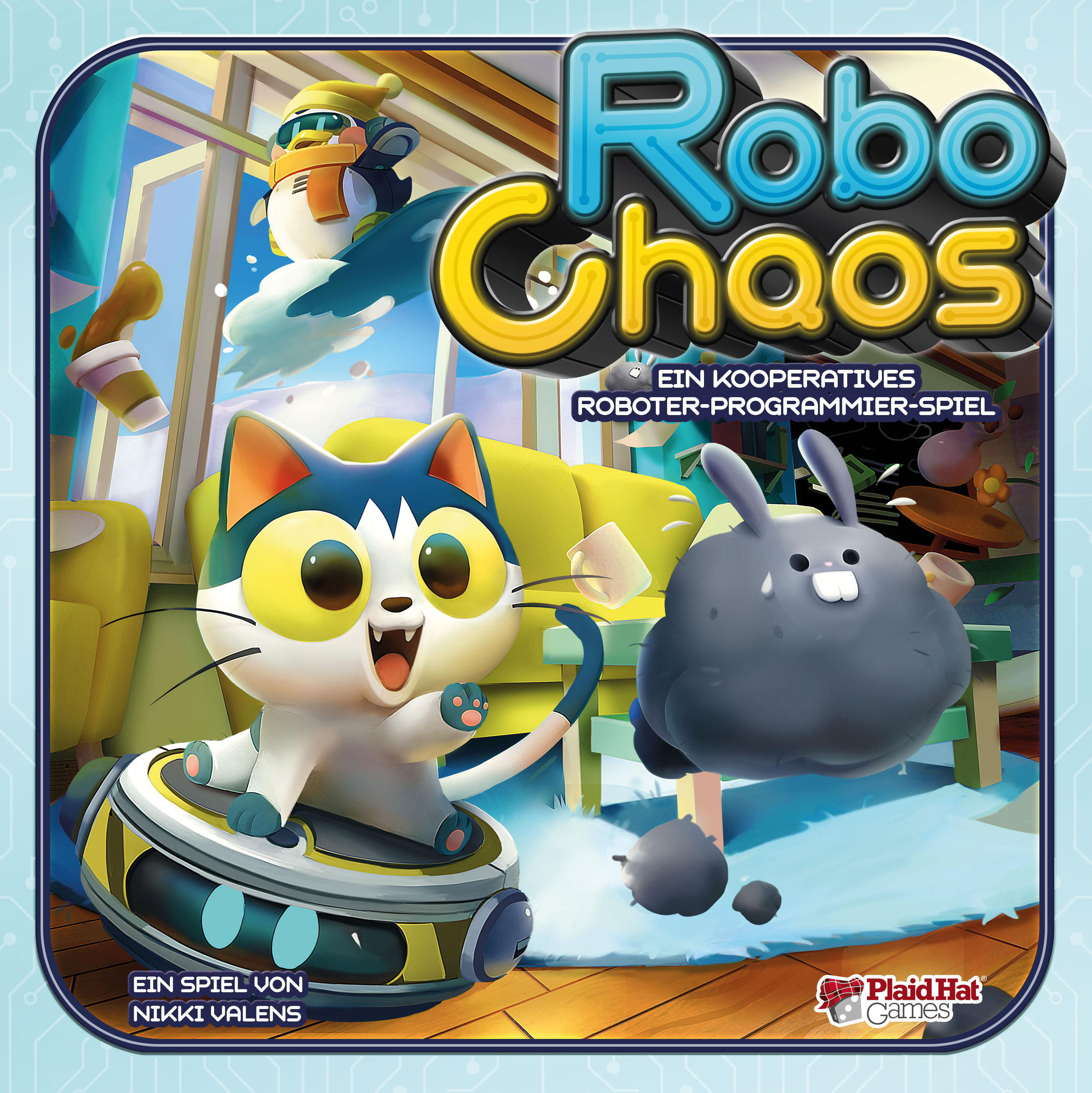 Robo Chaos Brettspielbox. Auf dem Cover sind eine Katze, ein Hase und andere Charaktere zu sehen.