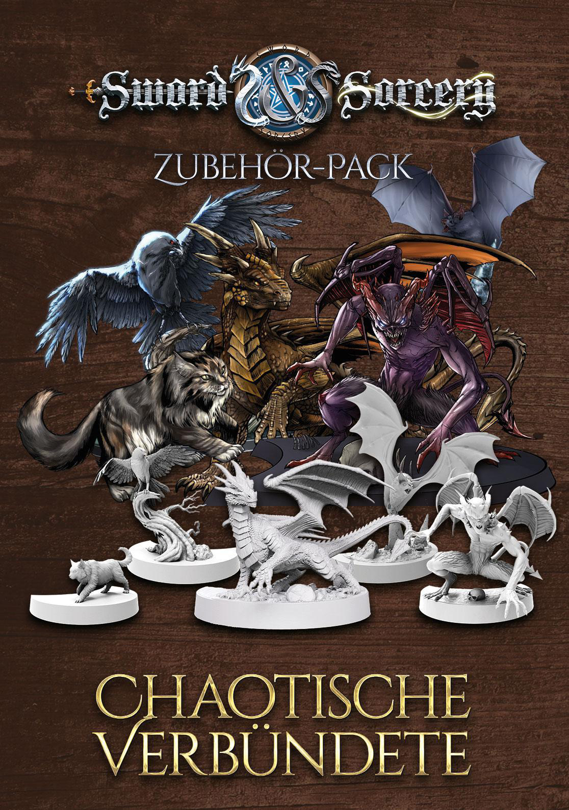 Eine Sammlung von Fantasy-Miniaturen, darunter Drachen und andere Kreaturen, auf Holzgrund.