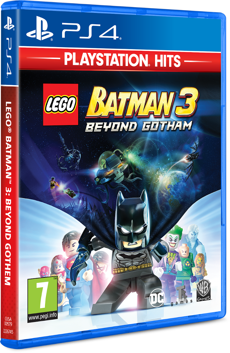 Lego Batman 3: Beyond Gotham játék borítója. Batman figura elöl, gonoszokkal és hősökkel a háttérben. PS4 logó felül.