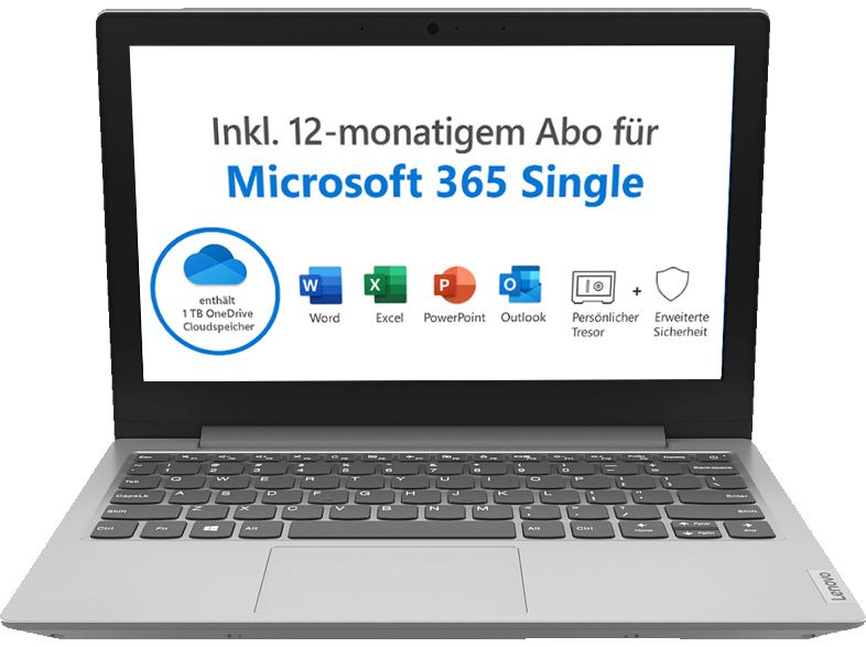 LENOVO IdeaPad 1i, Inkl. 1 Jahr Microsoft 365 Single, Notebook mit 11,6 Zoll Display, Intel® Celeron® Prozessor, 4 GB RAM, 64 GB eMMC, Intel UHD 600, Platinsilber