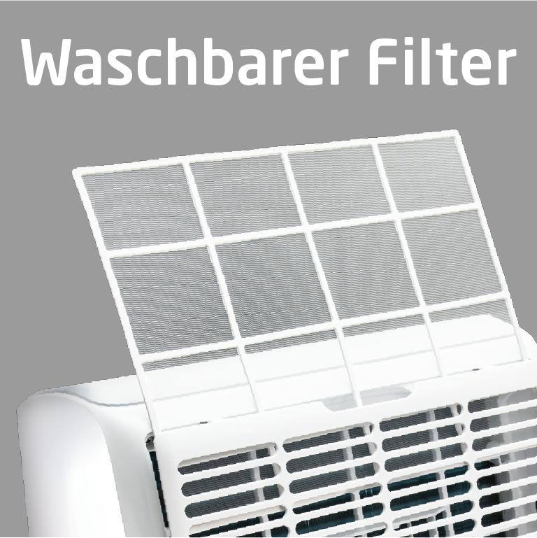 Ein weißer Luftfilter vor einem weißen Klimagerät. Text: Waschbarer Filter.