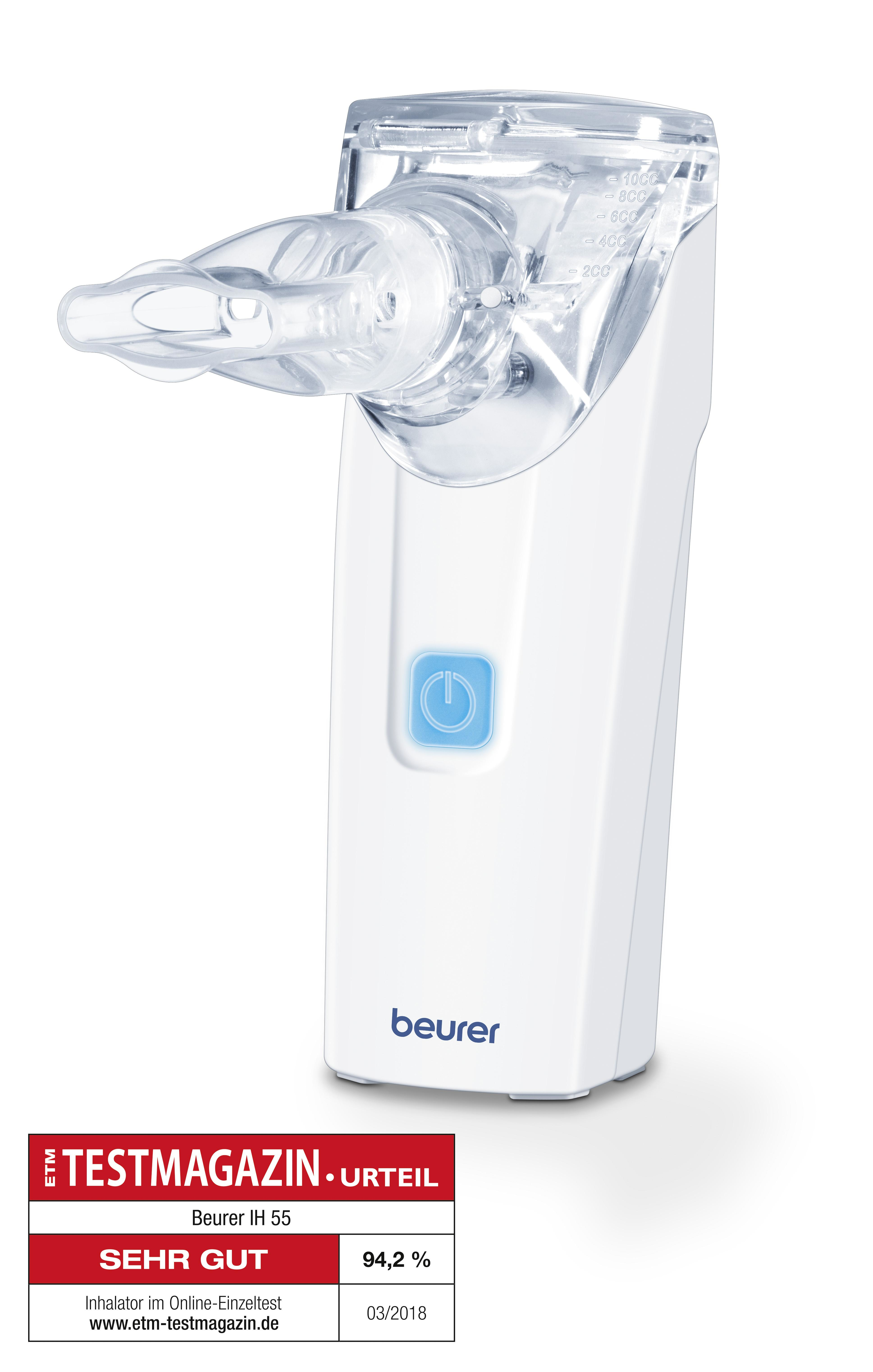 Weißer und klarer Vernebler mit Knopf und Testmagazin-Bewertung.