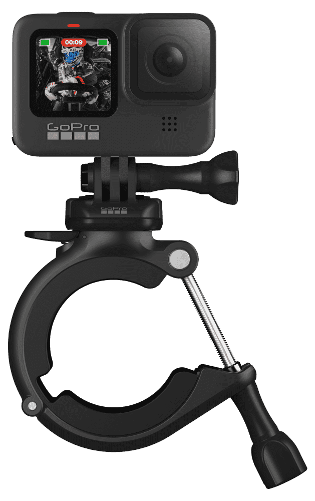GoPro kamera fekete bilincsre szerelve. Felfelé van döntve.