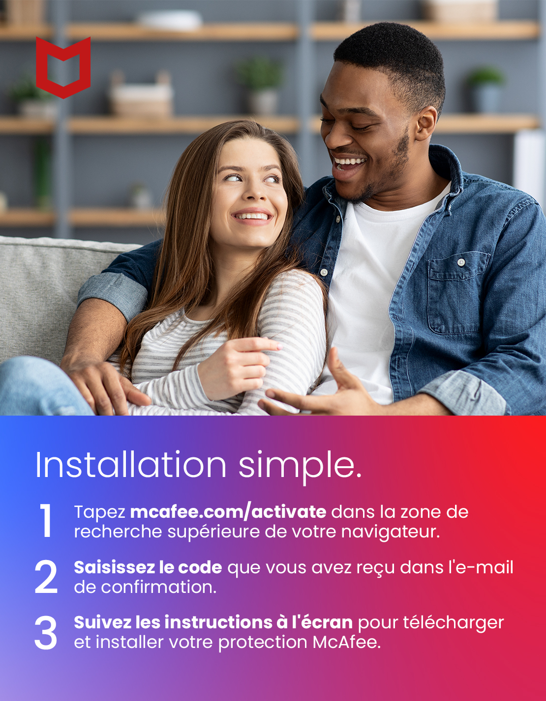 Een advertentie met een stel op een bank. Installatiestappen en McAfee logo.