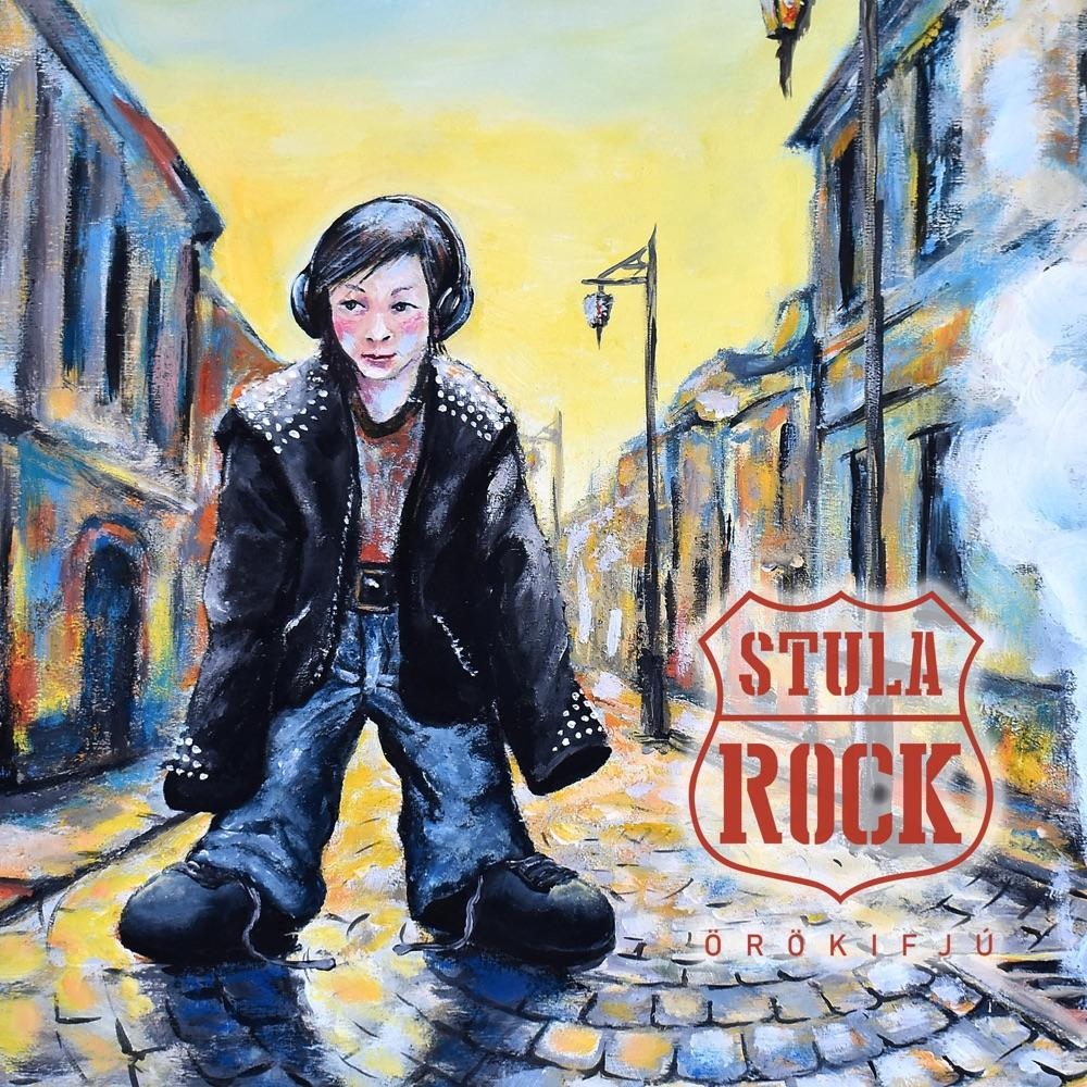 Egy utcai festmény egy fiúról fejhallgatóval, aki nedves úton sétál, egy rock felirattal.