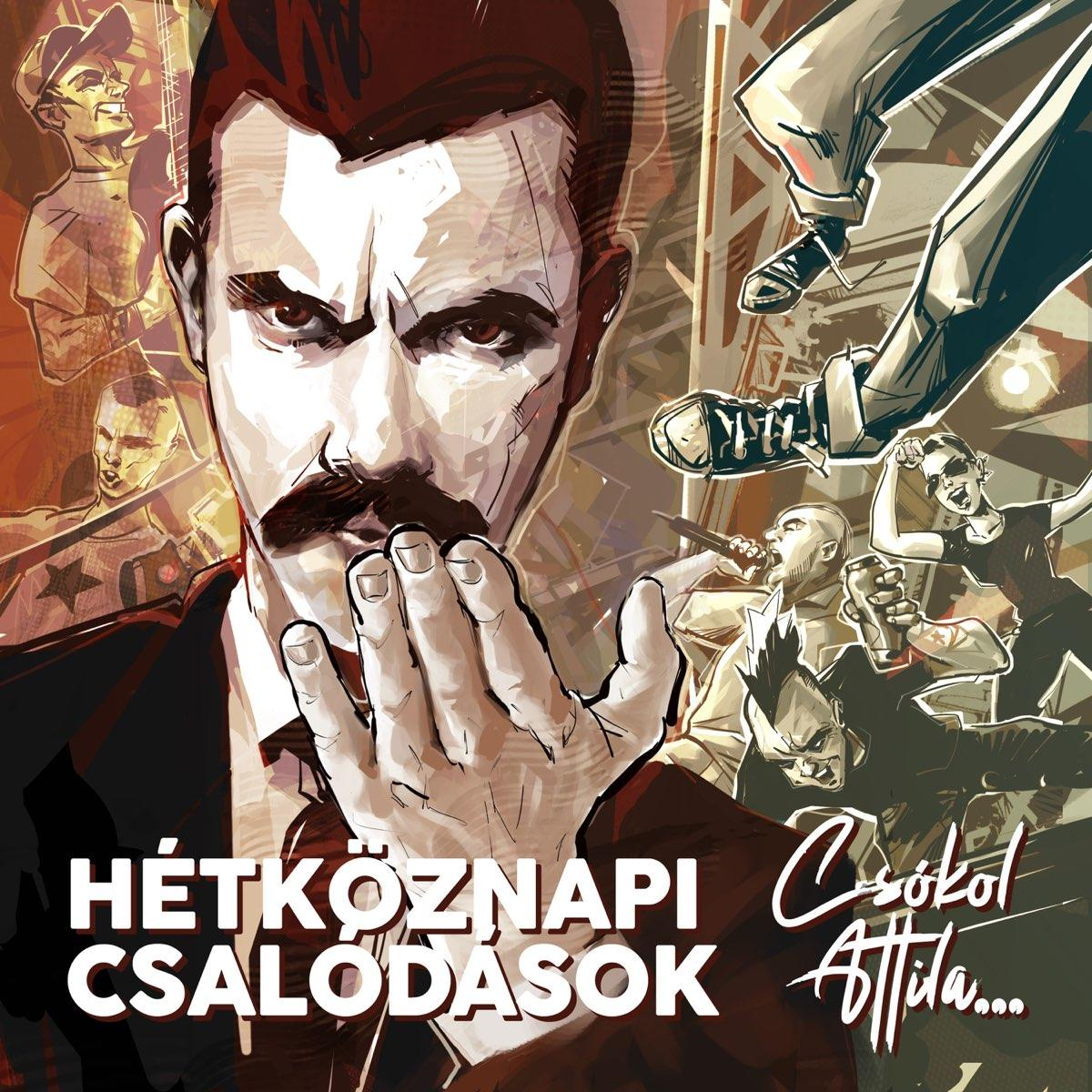 Bajuszos férfi illusztrációja emberekkel körülvéve, magyar nyelvű szöveg.