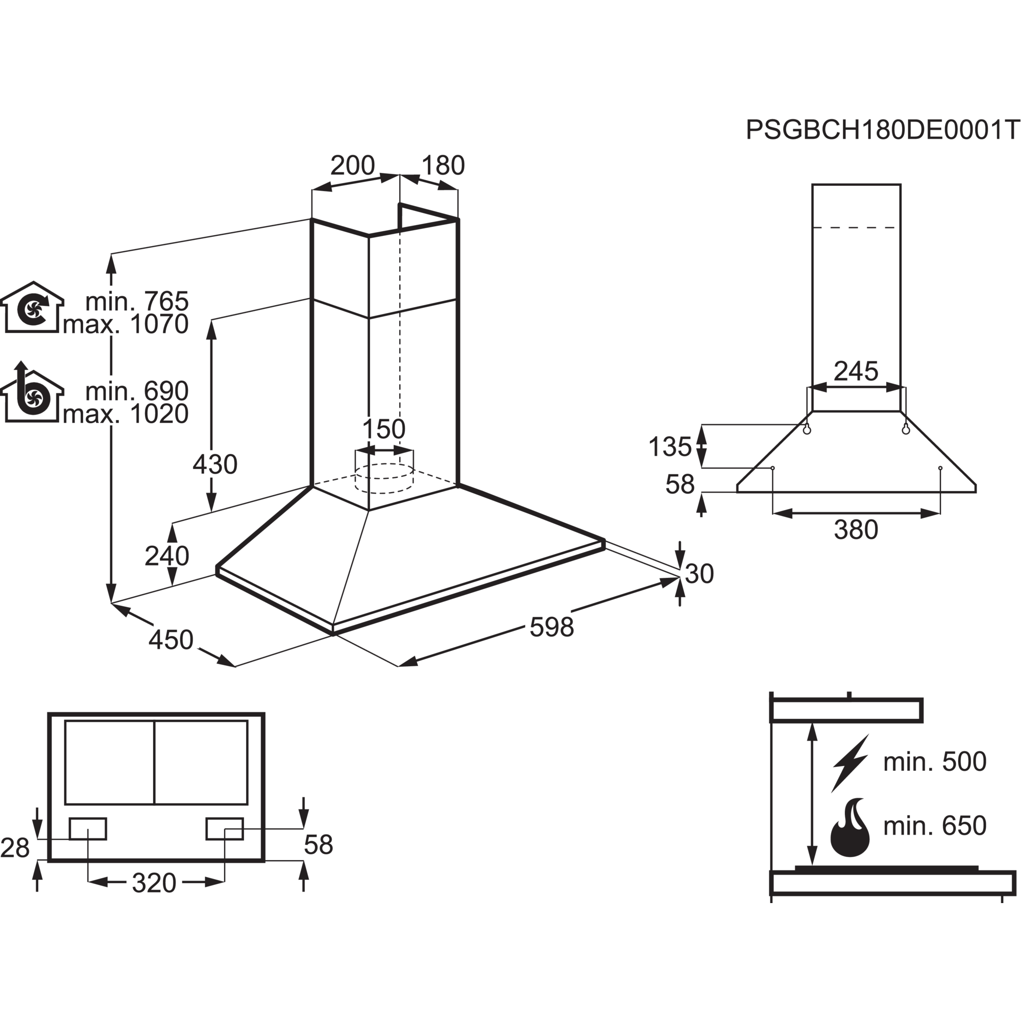 Technische tekening met afmetingen van een afzuigkap. Verschillende maten en labels zijn aanwezig.
