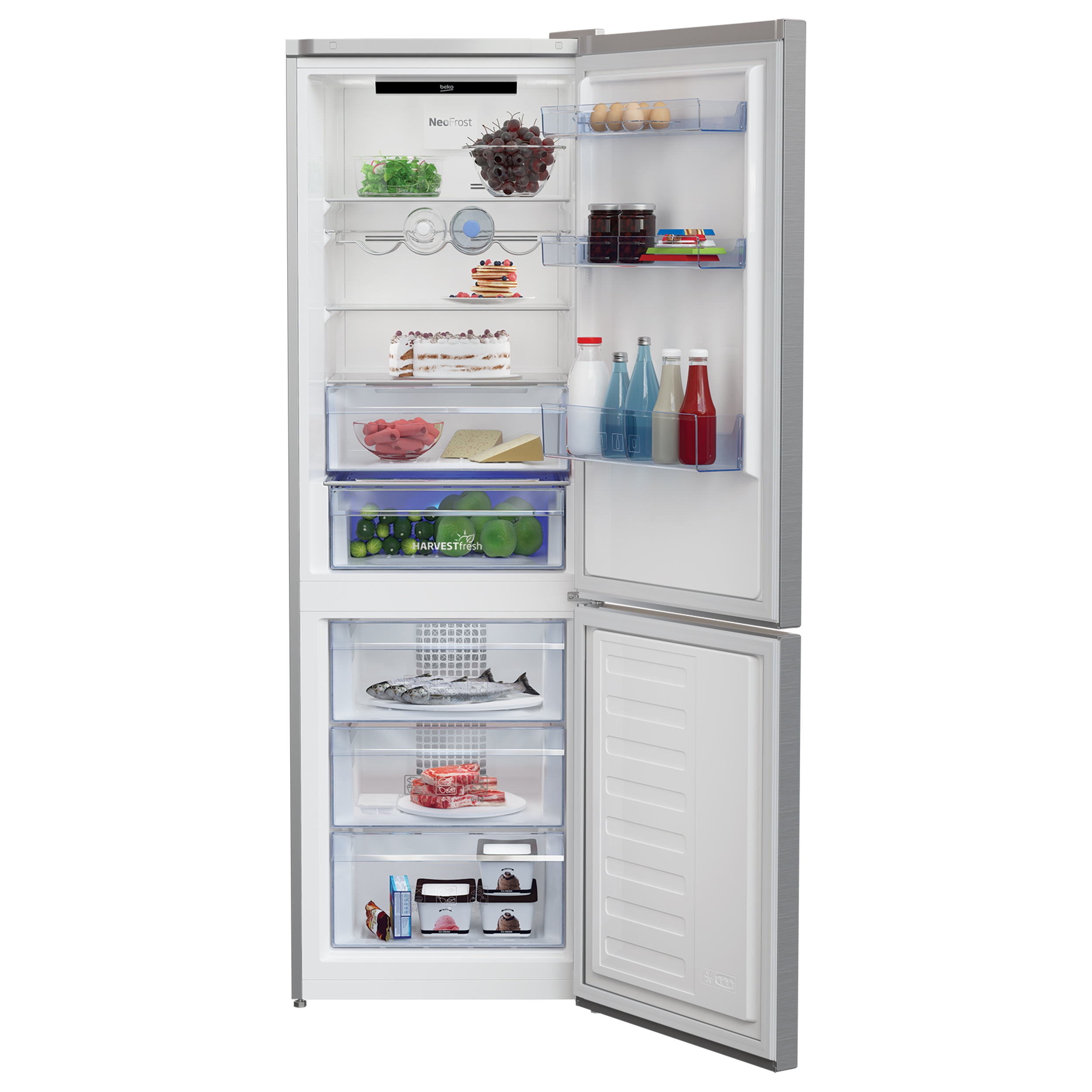 Ein offener Kühlschrank voller Lebensmittel. Es gibt Früchte, Gemüse und Milchprodukte.