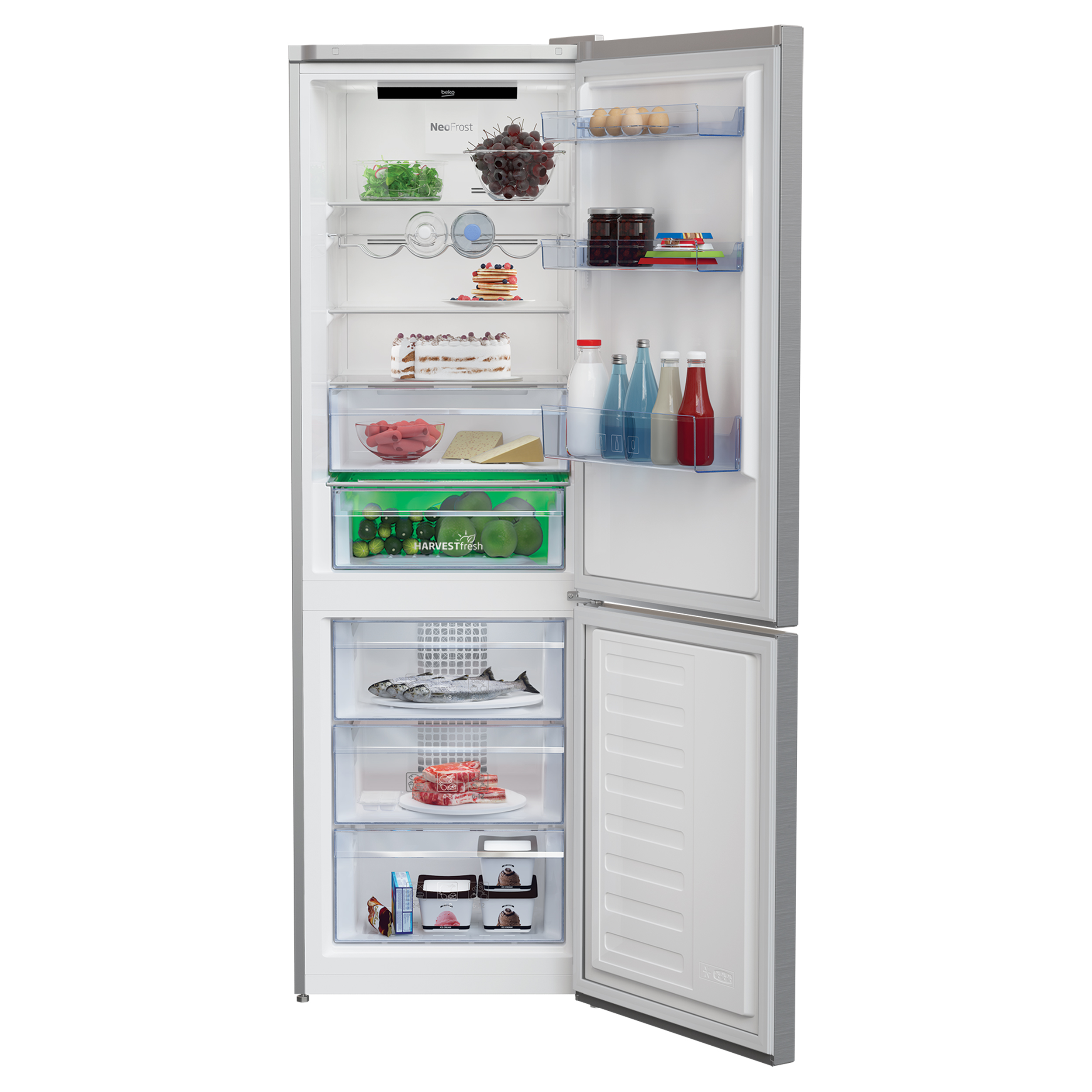 Offener Kühlschrank mit Lebensmitteln, darunter Obst, Getränke und Fleisch.