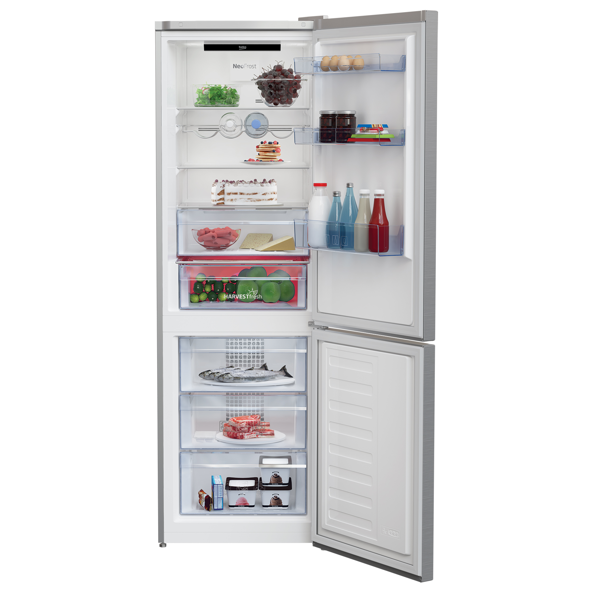 Geöffneter Kühlschrank gefüllt mit Lebensmitteln. Enthält Obst, Gemüse, Eier, Milch und andere Lebensmittel.