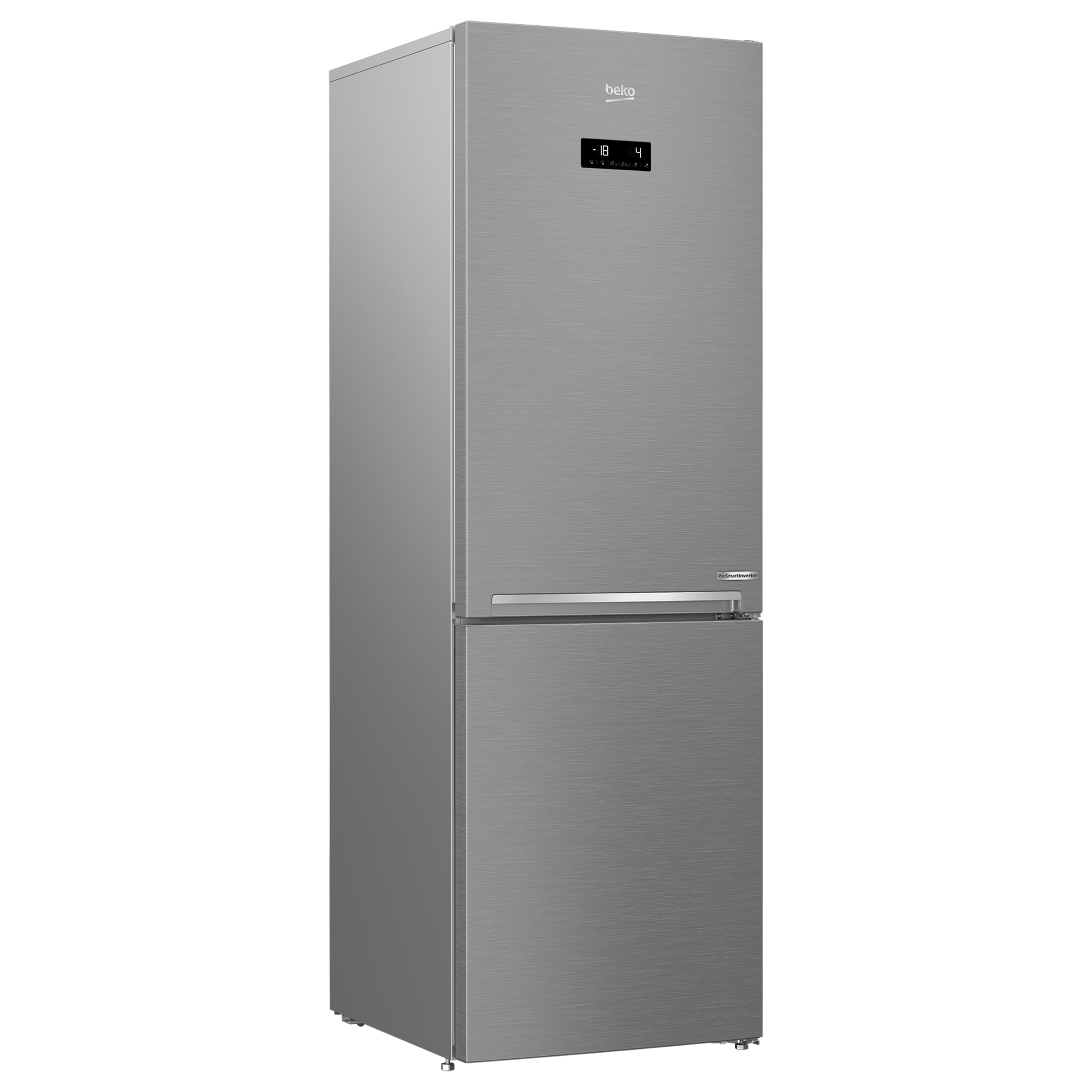 Silberner Kühlschrank, Zweitürmodell. Digitalanzeige an der oberen Tür. Modernes Design.