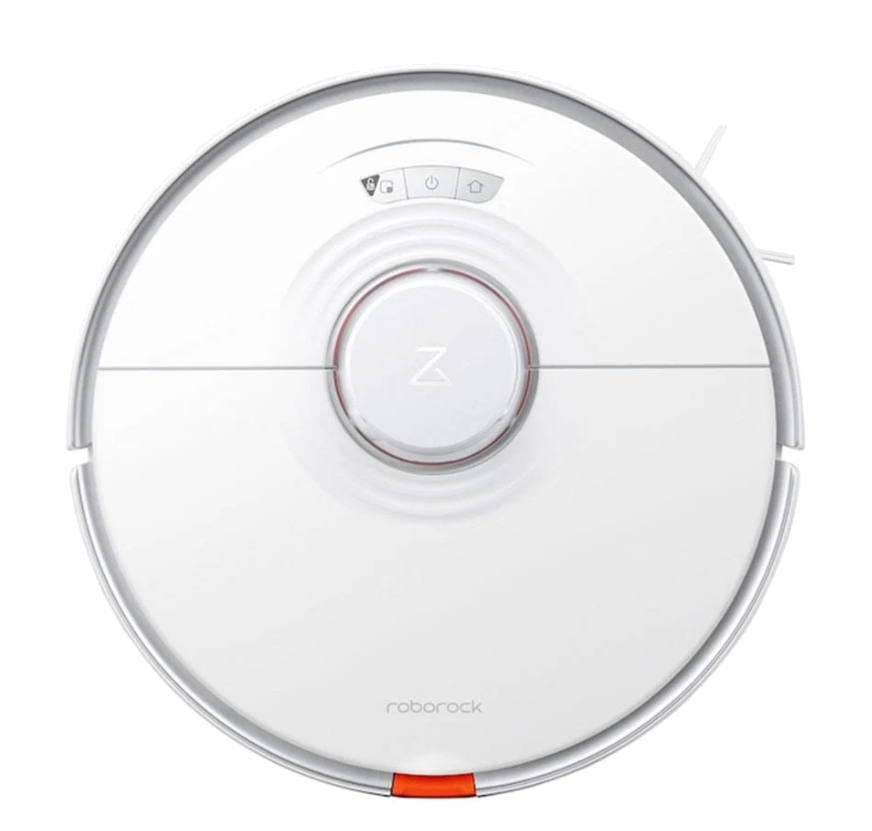 Beyaz yuvarlak robot süpürge, yukarıdan görünüm.