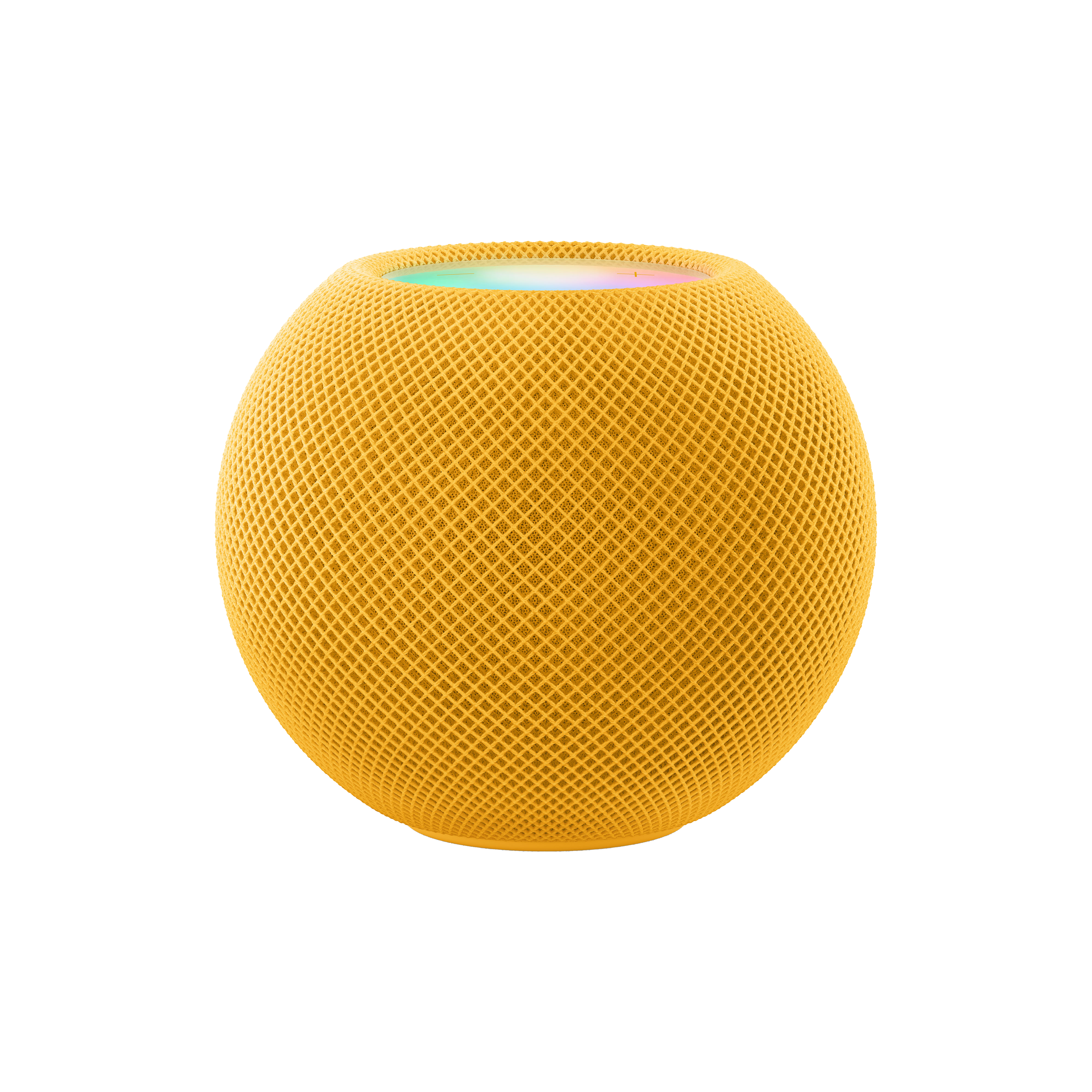 Haut-parleur intelligent sphérique jaune. Il a un design en maille et se détache sur fond noir.