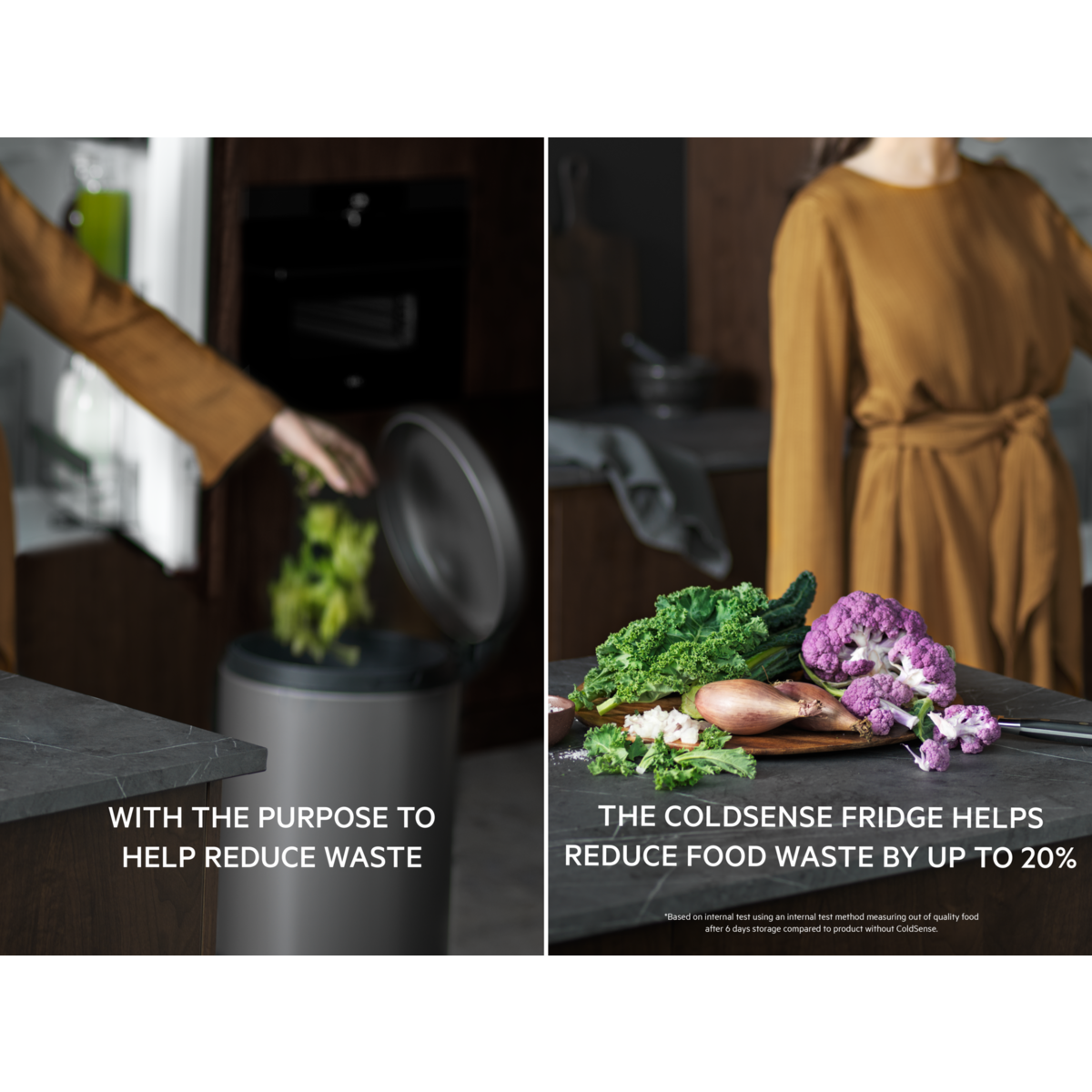 Image montre une cuisine. Réfrigérateur à droite. Texte à gauche. Déchets alimentaires.