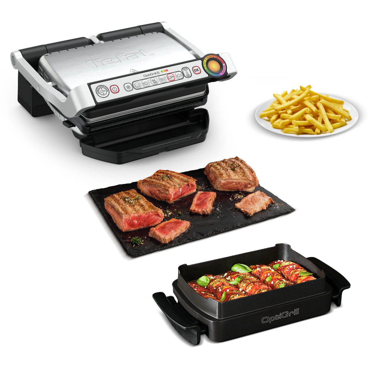 Tefal OptiGrill mit gebratenem Steak, Pommes und gefüllten Tomaten. Grill, Essen auf dem Teller, Essen im Tablett.