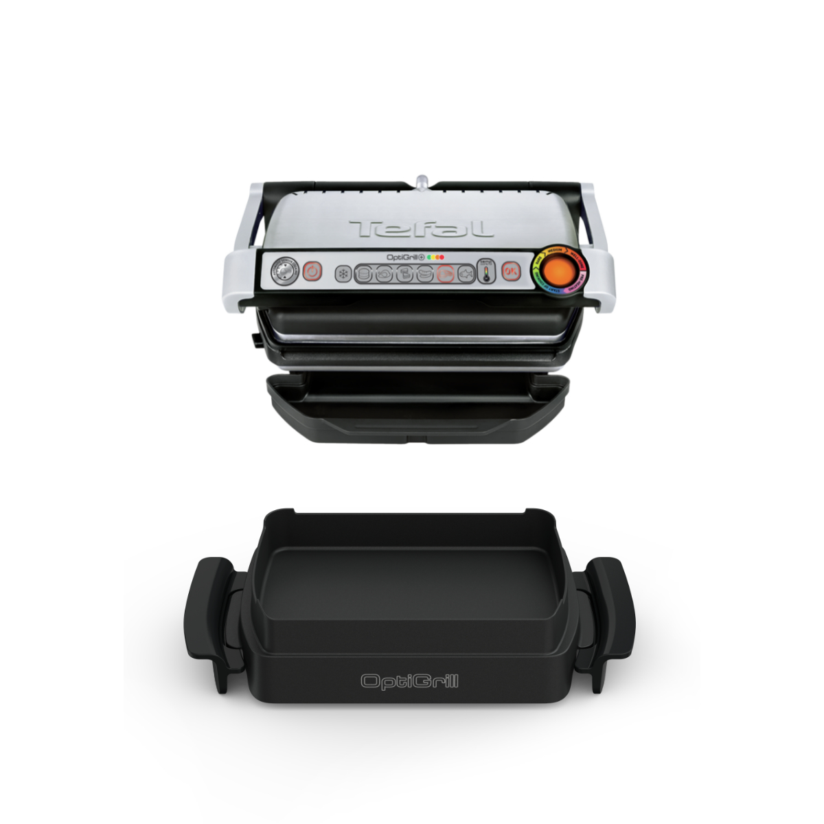 Ein Tefal OptiGrill mit offenem Deckel und separater unterer Schale. Knöpfe und ein Drehregler sind sichtbar.