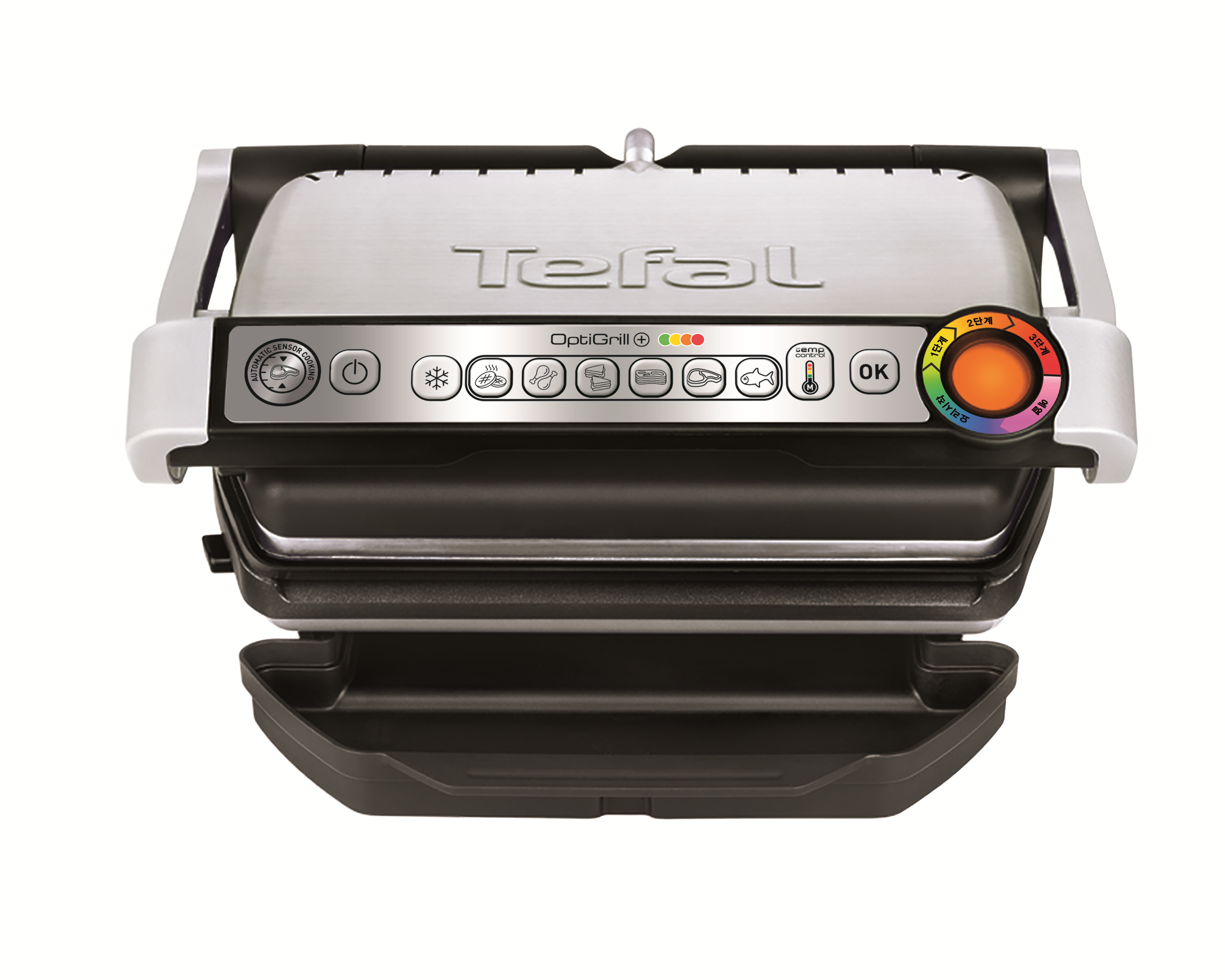 Draufsicht auf einen Tefal OptiGrill, mit Bedienelementen und einem Temperaturregler auf weißem Hintergrund.