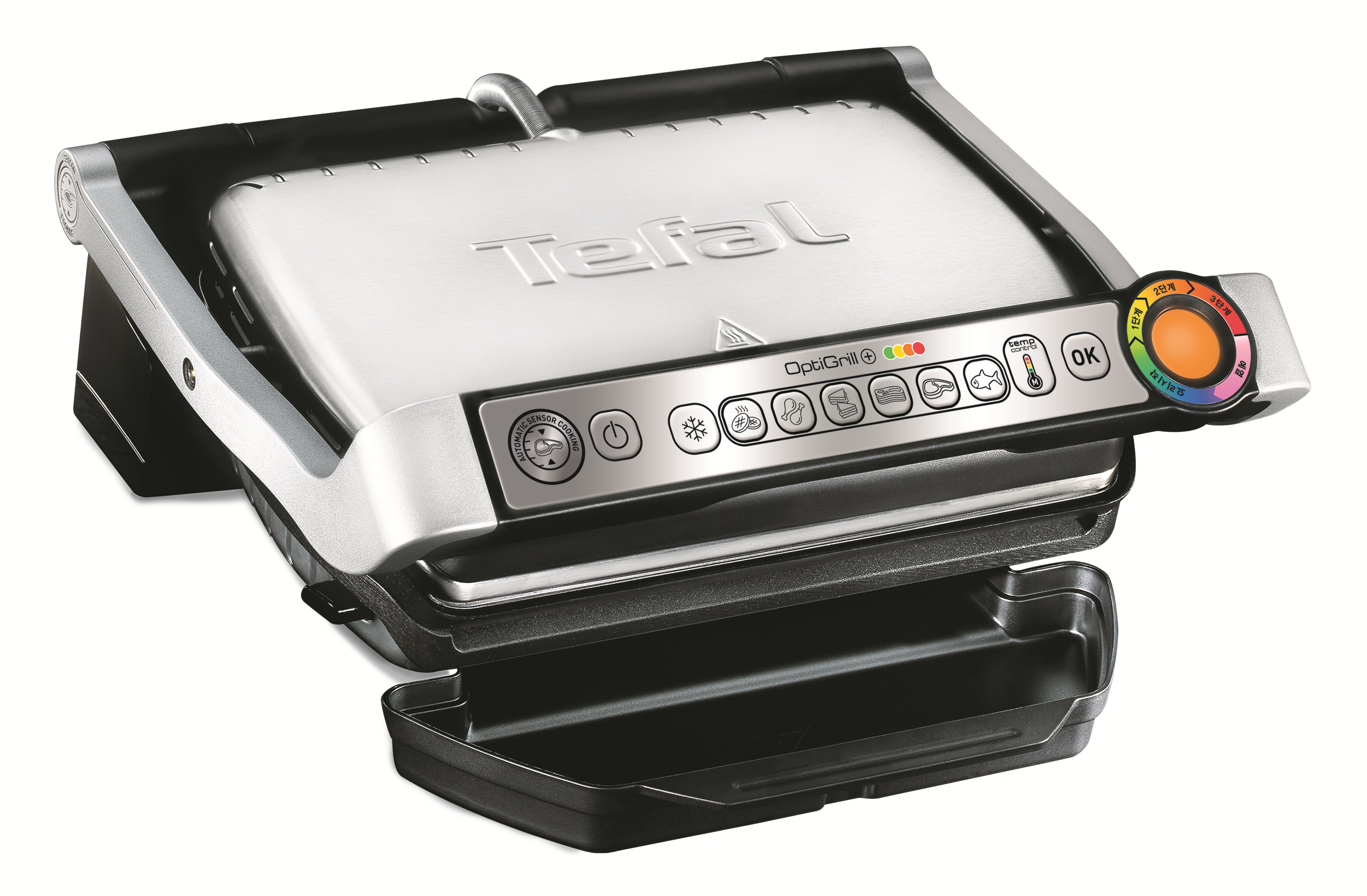 Silberner und schwarzer Tefal OptiGrill mit Bedienelementen, offen auf weißem Hintergrund.