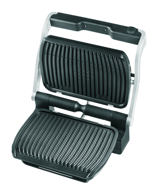Ein offener, schwarzer Grill mit silbernem Griff. Der obere Teil ist angehoben, zeigt die Grillplatten.