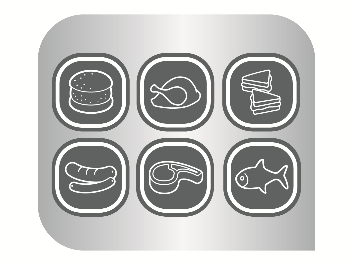 Sechs Essenssymbole in Quadraten: Burger, Huhn, Sandwiches, Würstchen, Steak, Fisch.