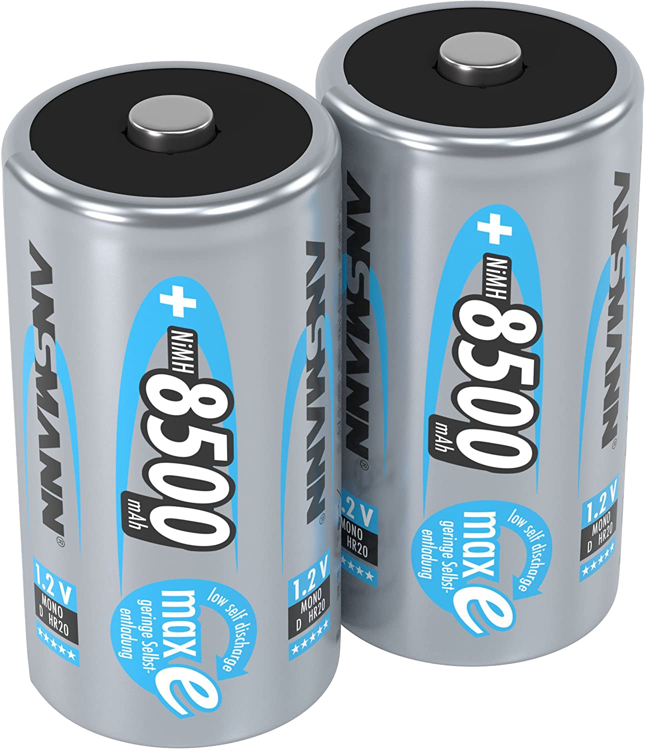Két ezüst hengeres elem kék-fehér címkékkel, Ansmann márka és +8500 mAh.