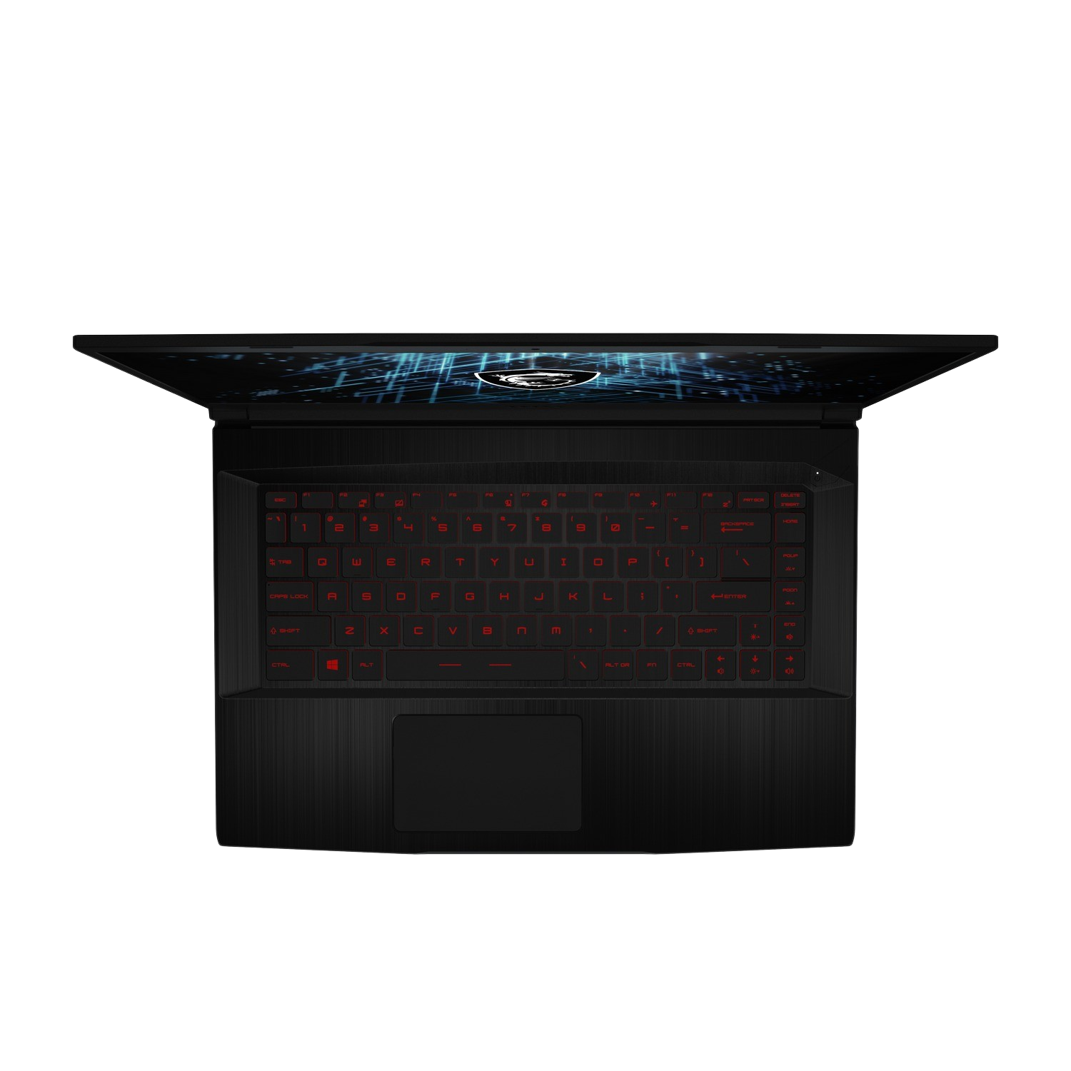 Portátil negro con teclado retroiluminado en rojo. Vista superior, sobre fondo negro.