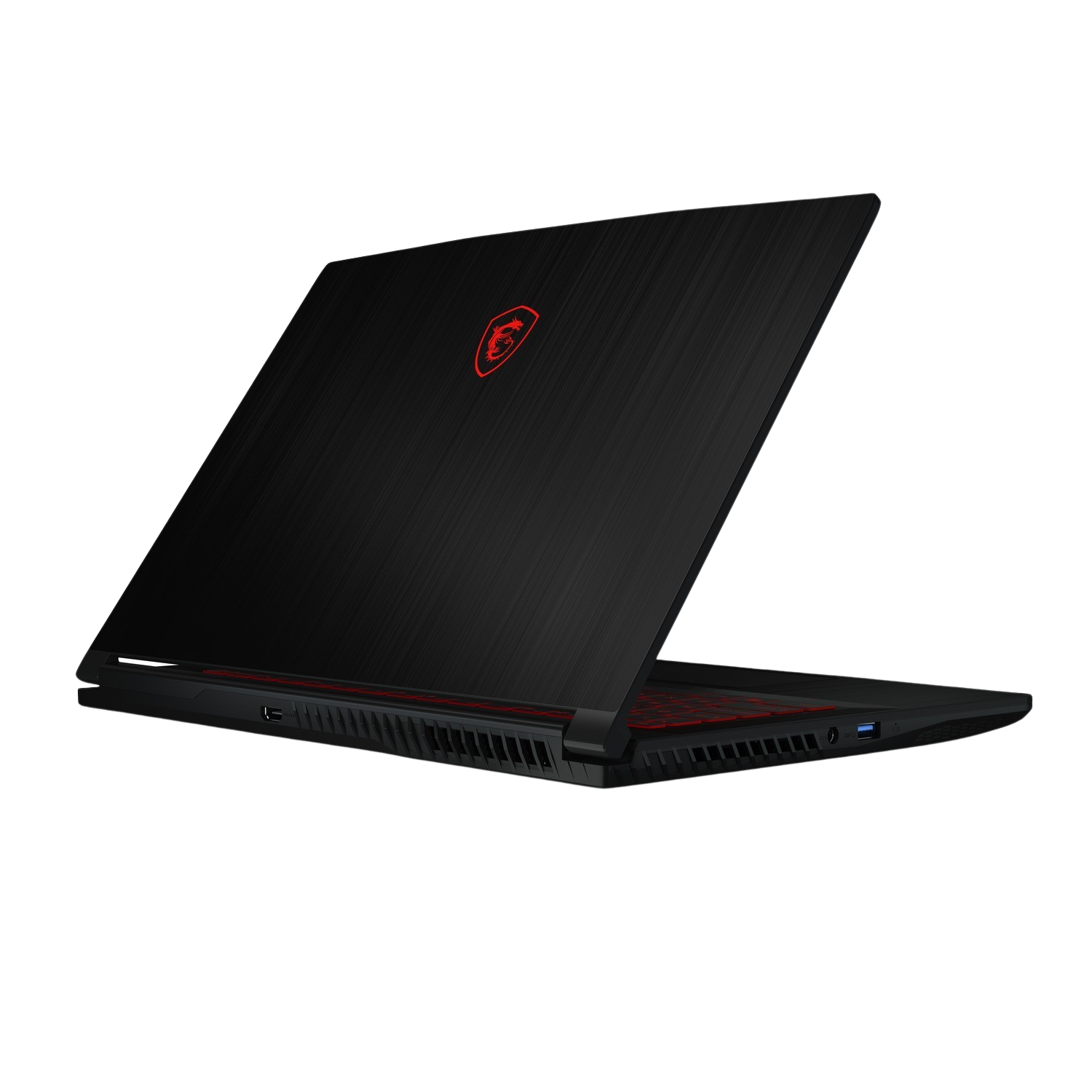 Portátil negro con teclado iluminado en rojo. La pantalla está abierta y mirando hacia otro lado.