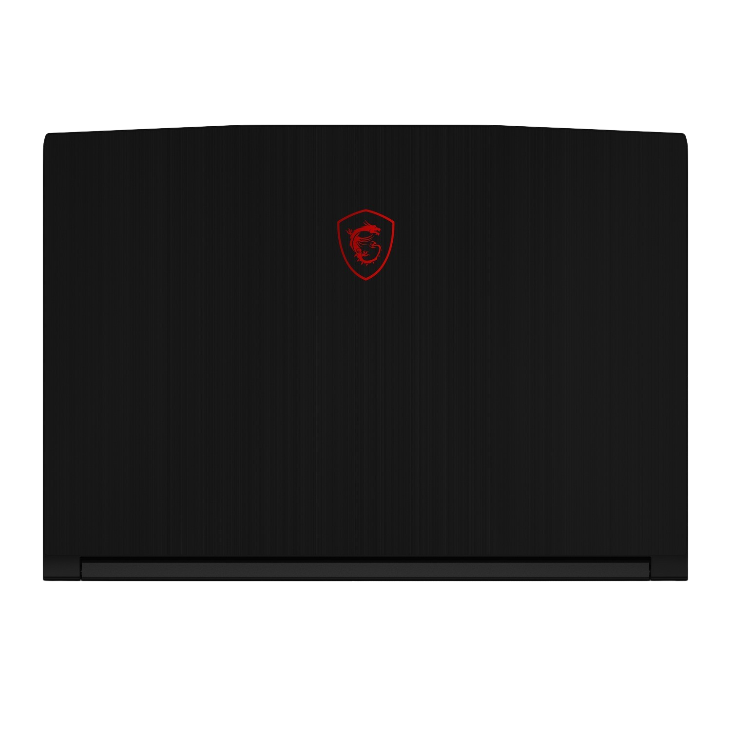 Laptop negro, vista superior, logo MSI en rojo.