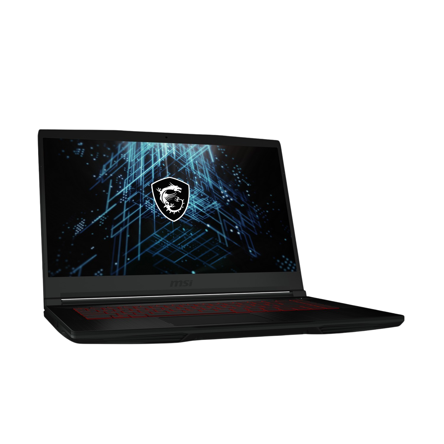 Portátil negro con teclado retroiluminado en rojo, abierto sobre fondo negro. Logotipo de MSI visible.