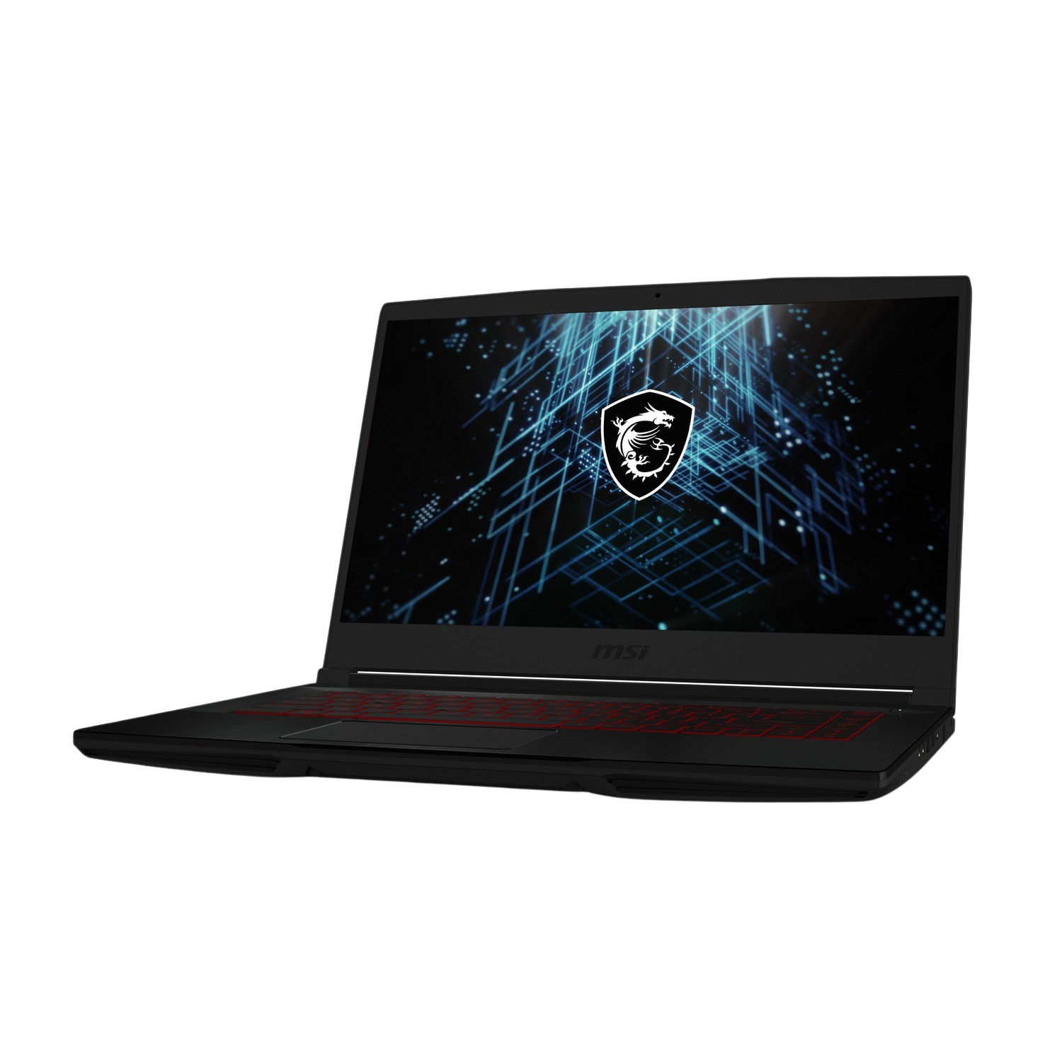 Portátil MSI. Negro. Abierto, con pantalla.