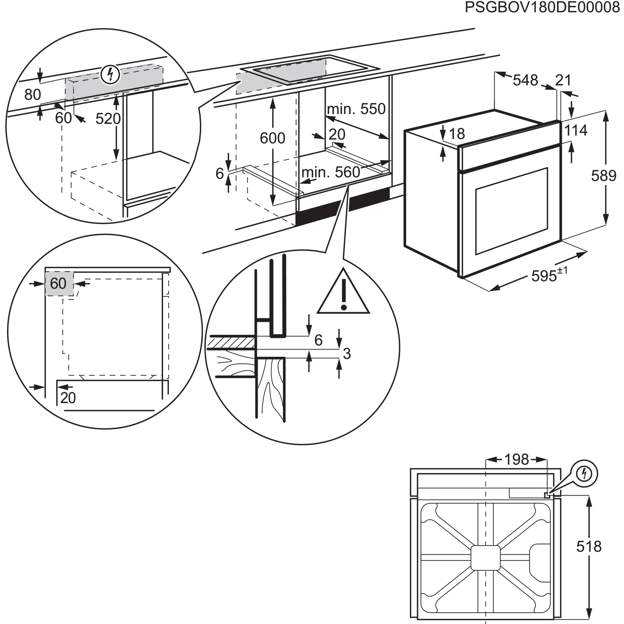 Diagram met afmetingen voor een inbouwovenaansluiting, met afmetingen en instructies.