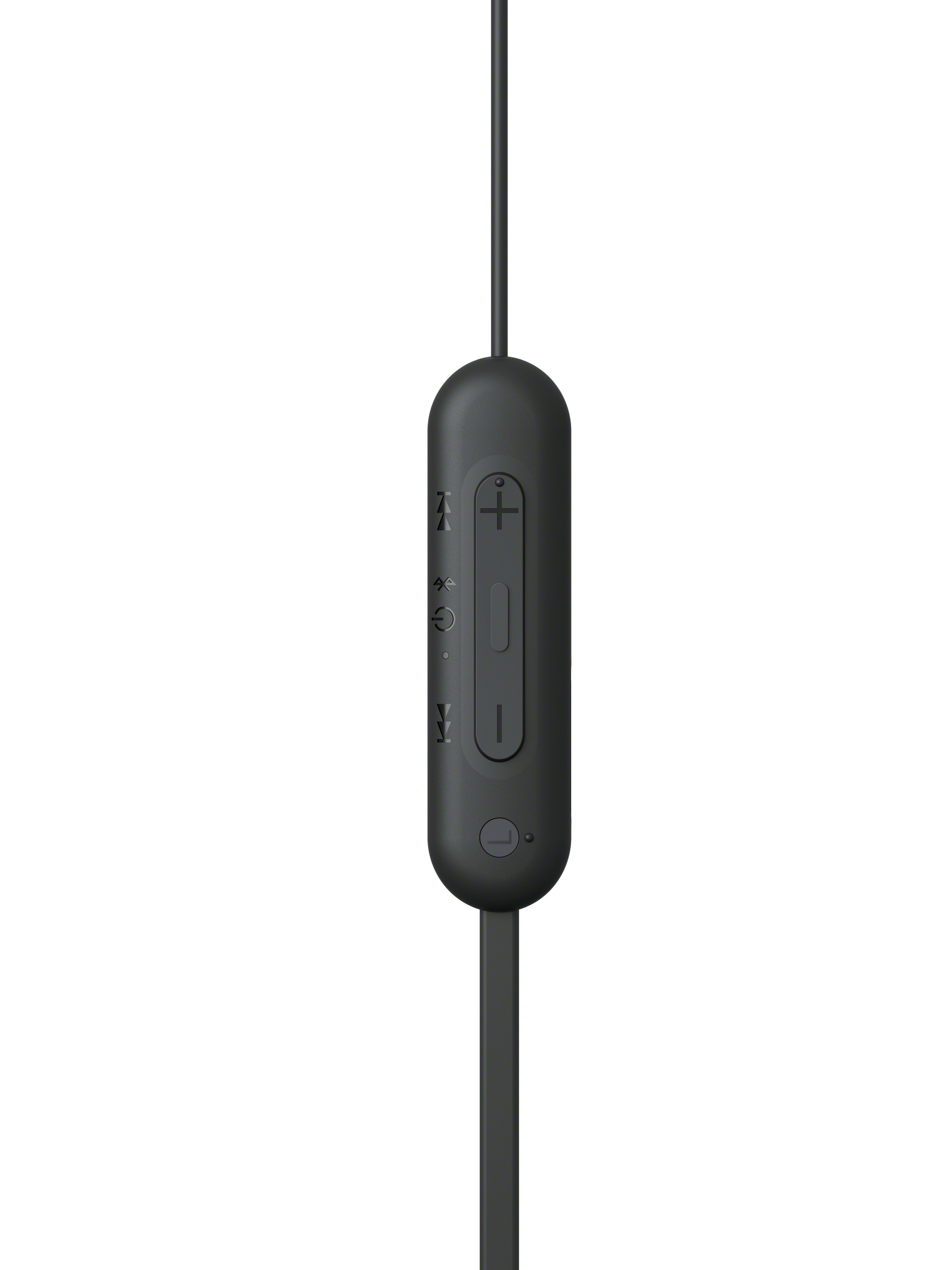 Controlador de auriculares negro con botones y micrófono. El controlador tiene botones de volumen y función.